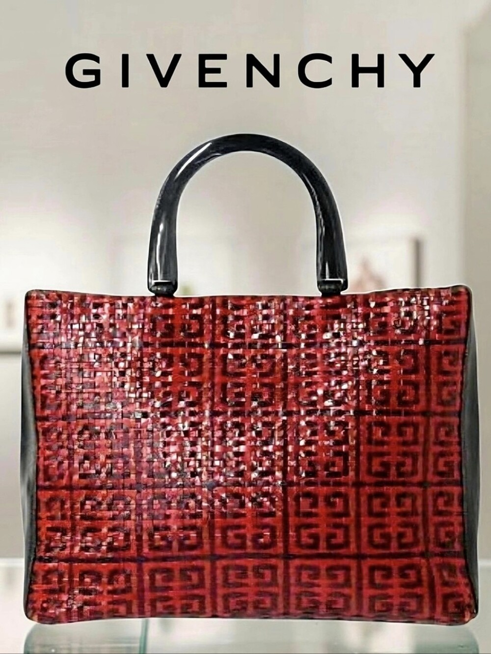 GIVENCHY Red & Black 4G Woven Pattern Tote w/Goat Leather & Acrylic Handles ECU